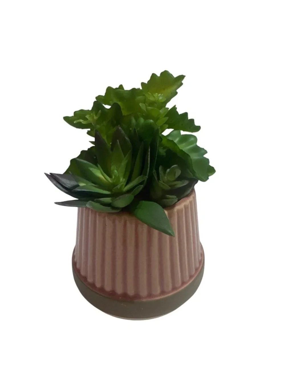 Artificial Succulent Arrangement In Ribbed Ceramic Pink Pot Decorative Greenery